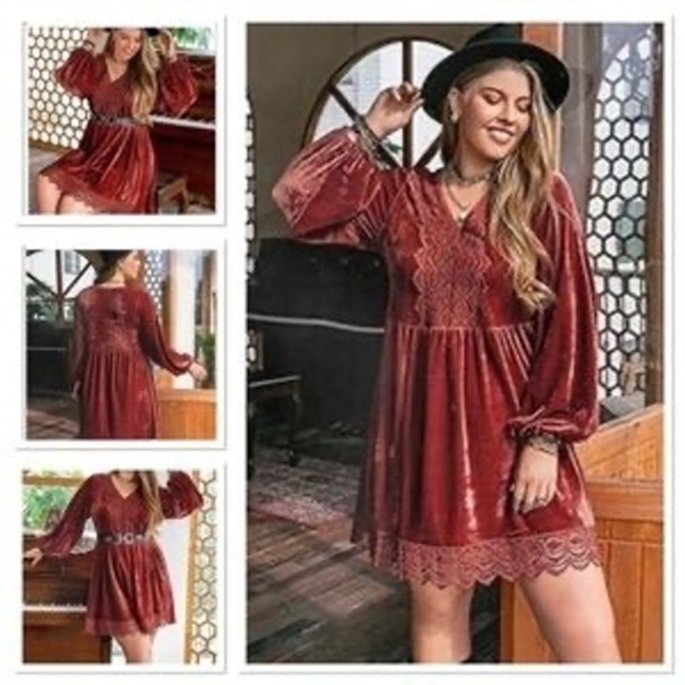 Rusttydustty Women orange red Velvet Crochet Lace Trim Boho Mini Dress 4XL NWT
